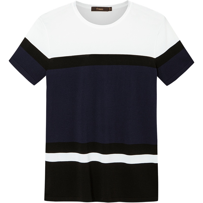 才子男装tries针织短袖T恤男士夏季新款修身简约撞色条纹透气体恤