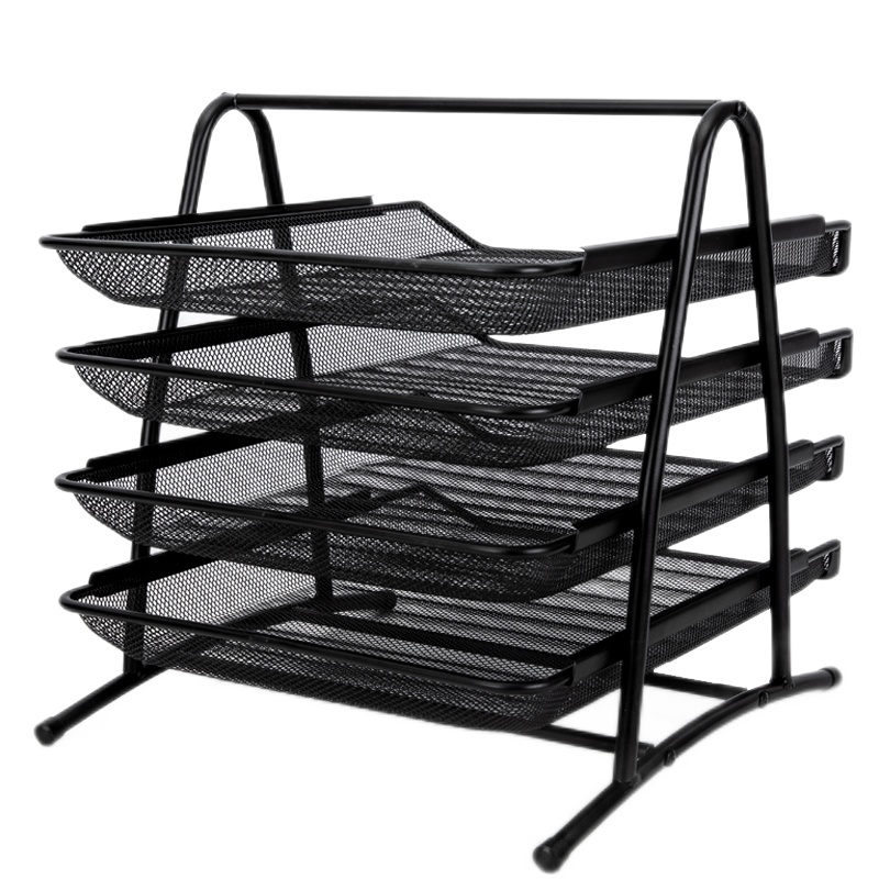 得力(deli)网状文件架三层四层文件座资料篮收纳框架整理置物架金属材料商务办公桌面资料架文件篮筐 9184