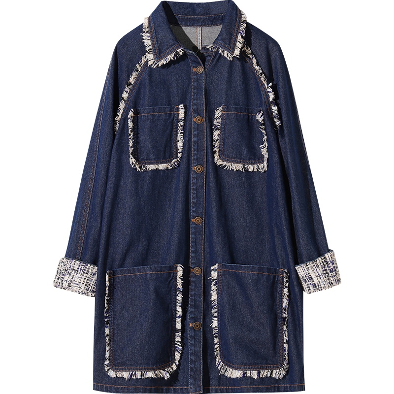 娅丽达女装牛仔外套女2019秋季新款纯色中长款女式宽松时尚上衣I7607