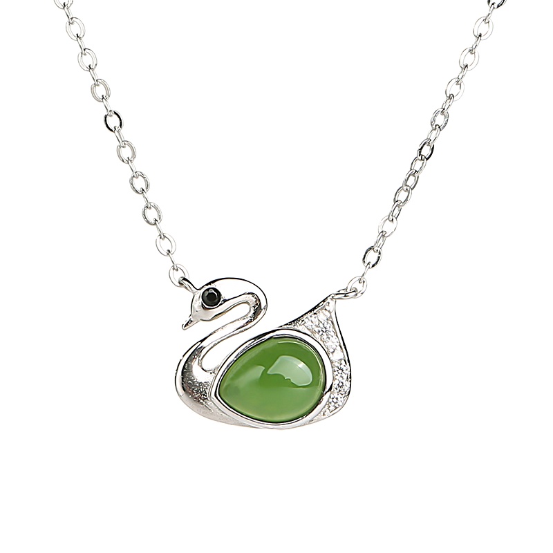 印象眸S925银镶和田玉项链 银镶碧玉天鹅女款一体套链 附送证书