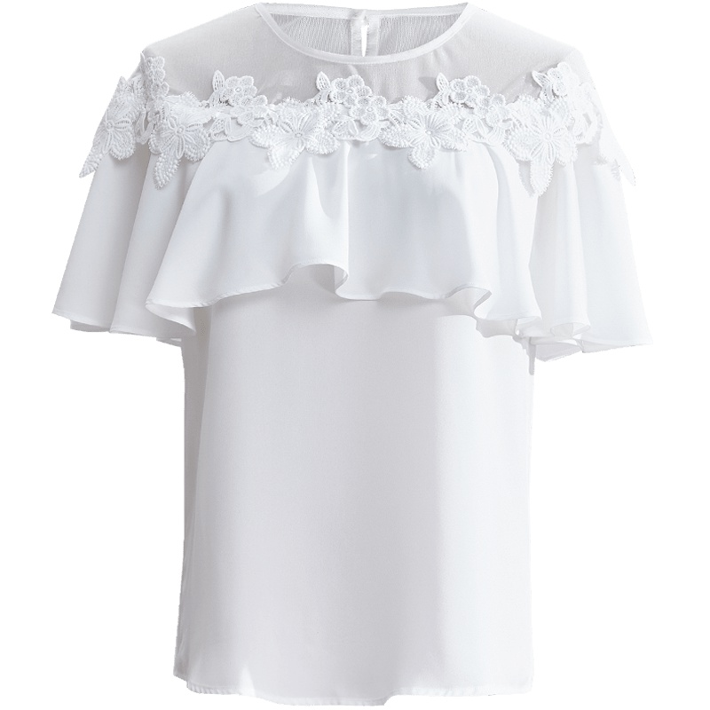 欧昵雪 夏圆领网纱拼接花边荷叶边优雅气质短袖白色上衣女X