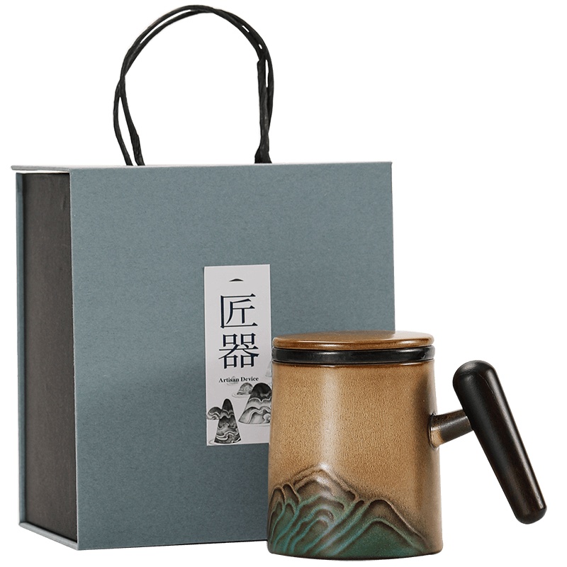 領藝 苍山茶杯茶水分离办公水杯陶瓷窑变功夫泡茶杯带过滤带盖送礼 苍山马克杯礼盒装