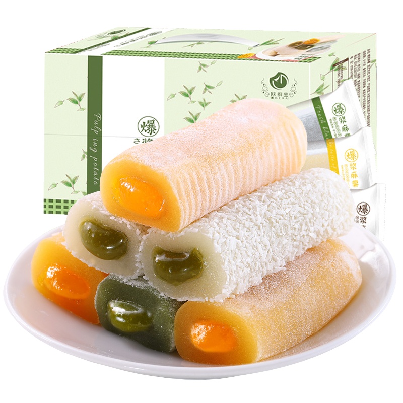 [满199减125元]比比赞爆浆麻薯800g糯米糍粑驴打滚休闲零食品糕点心小吃