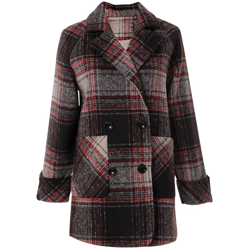 欧昵雪冬装翻领双排扣宽松显瘦毛呢外套女中长款格子大衣