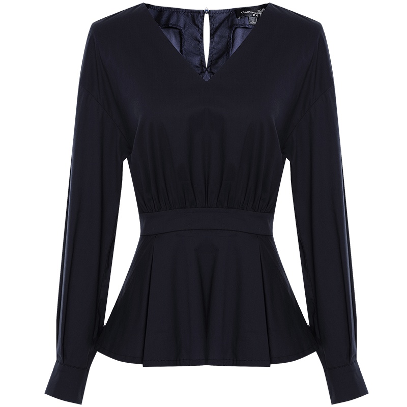 欧昵雪秋装荷叶边下摆上衣女收腰显瘦v领套头衬衫长袖秋