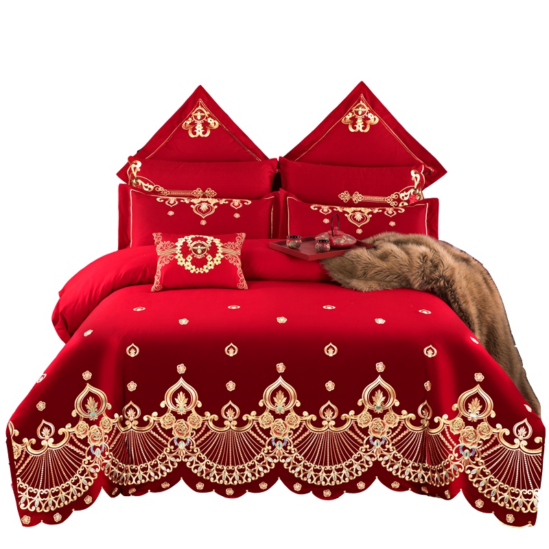 唛乐斯Mallas婚庆床上用品 高精密色织大提花全棉多件套 浪漫婚庆蕾丝款60S贡缎长绒棉精品床上用品