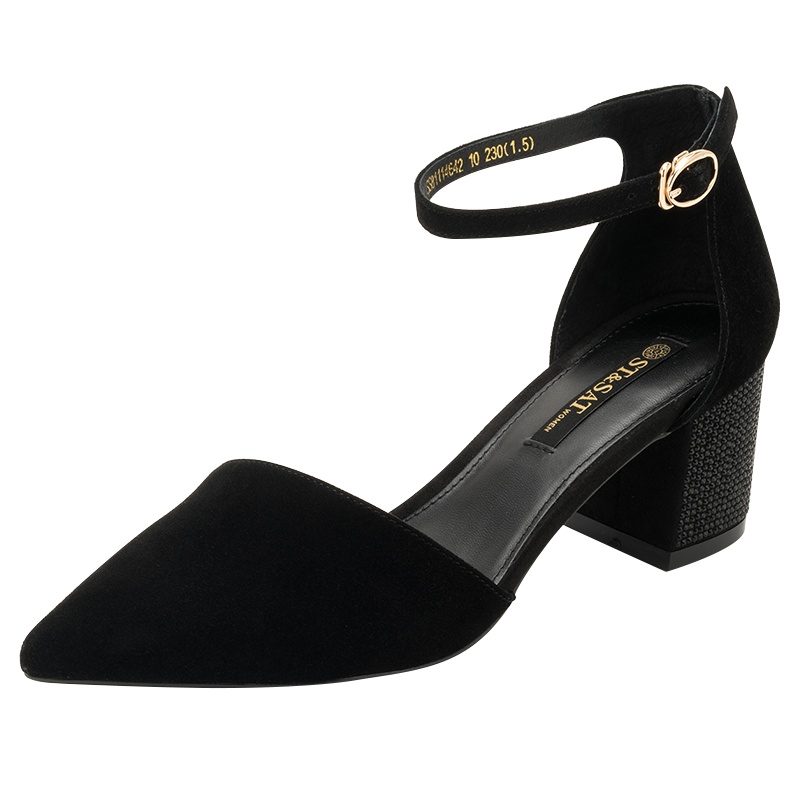 St&Sat/星期六尖头一字式扣带中空粗高跟单鞋SS81114642