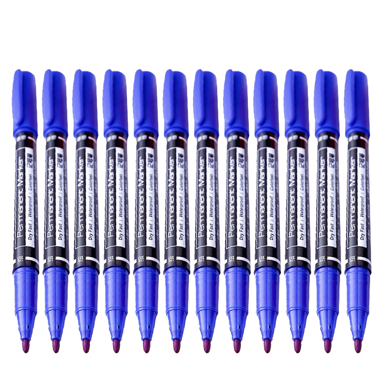 [精选]得力(deli)6824双头记号笔 油性防水儿童绘画 描边笔 马克笔 勾线笔 小双头 油性记号笔 12支 蓝色