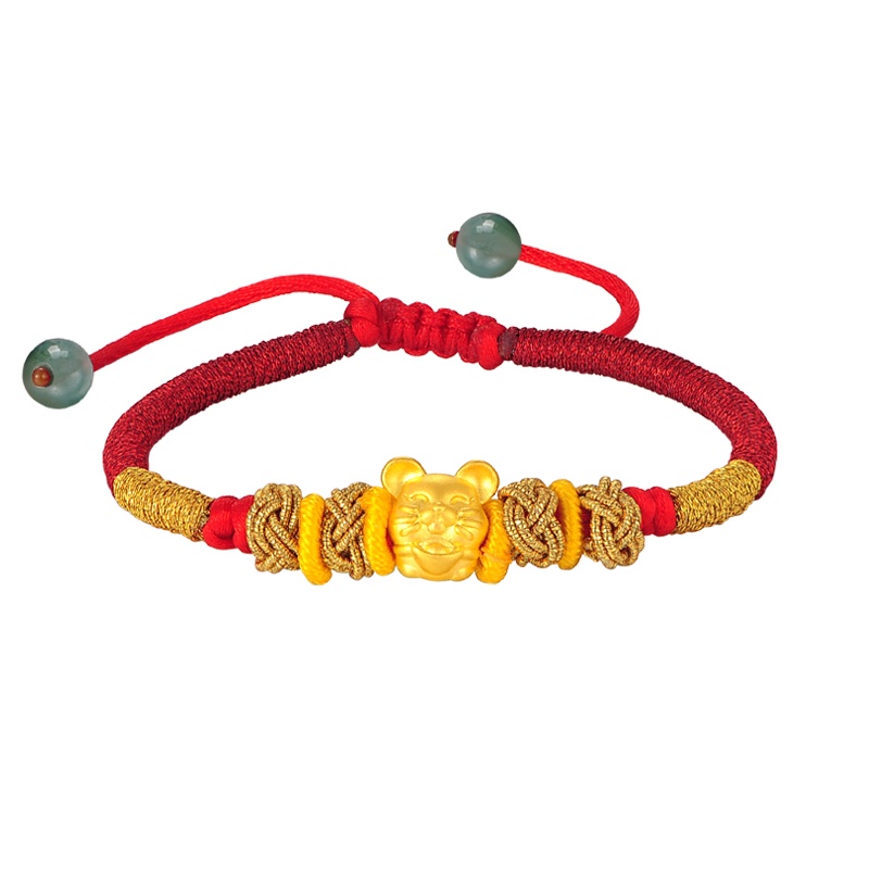 蒂蔻 本命年鼠年可爱老鼠生肖黄金转运珠手链宝宝款3D硬足金编织红绳手饰拉伸款新年礼物送婴儿小孩子