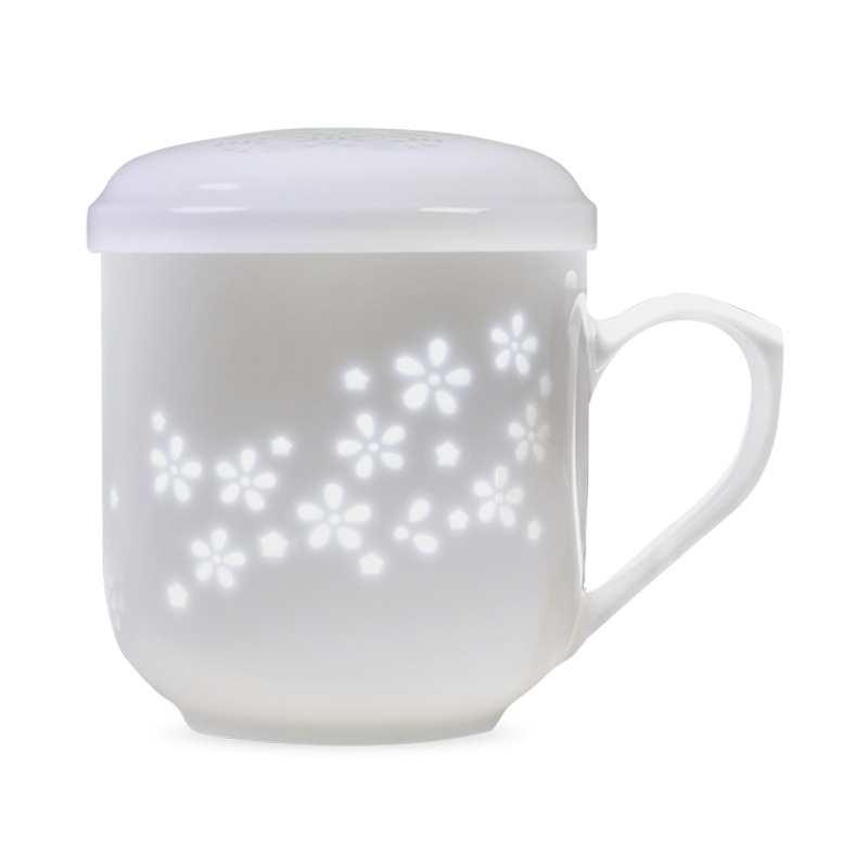 景德镇古镇陶瓷茶杯套装玲珑瓷带盖过滤杯定制陶瓷杯办公室马克杯中号过滤杯星花怒放