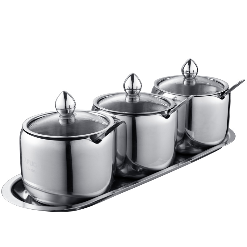 日本泰福高(TAFUCO)304不锈钢调味料盒套装调料盒调味罐调料器皿厨房辅料瓶盐盒猪油罐 3件套 T5180-不锈钢色