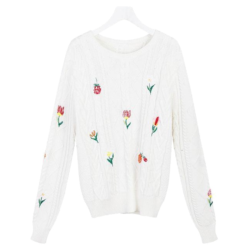 拉夏贝尔 拉贝缇冬款毛衣针织衫女绣花粗线长袖宽松套头镂空小清新60006033