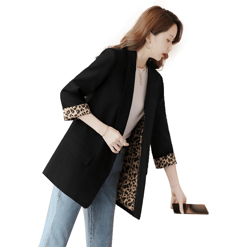 丝柏舍2019秋装女韩版宽松豹纹撞色休闲西装外套S93B4202X