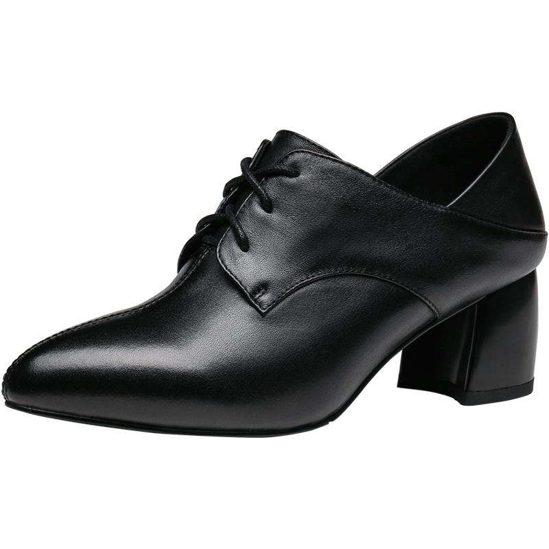 红蜻蜓女鞋秋季新款头层牛皮黑色通勤工作鞋女高跟尖头窝窝鞋