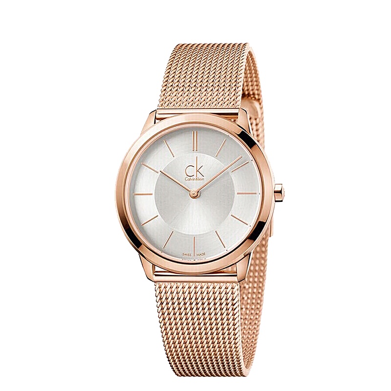 Calvin Klein手表 欧美品牌 情侣表白盘米兰编织表带女士石英表 白盘玫瑰金 K3M22626