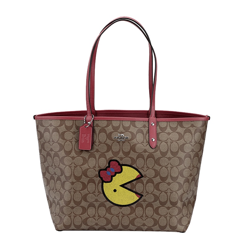 COACH 蔻驰 奢侈品 女士卡其图案款人造革手提单肩双面托特包送女友