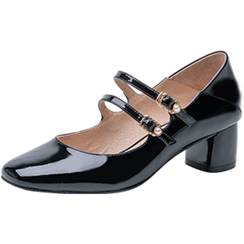 百田森2021春季新款玛丽珍鞋女粗跟中跟牛漆皮方头复古珍珠单鞋女