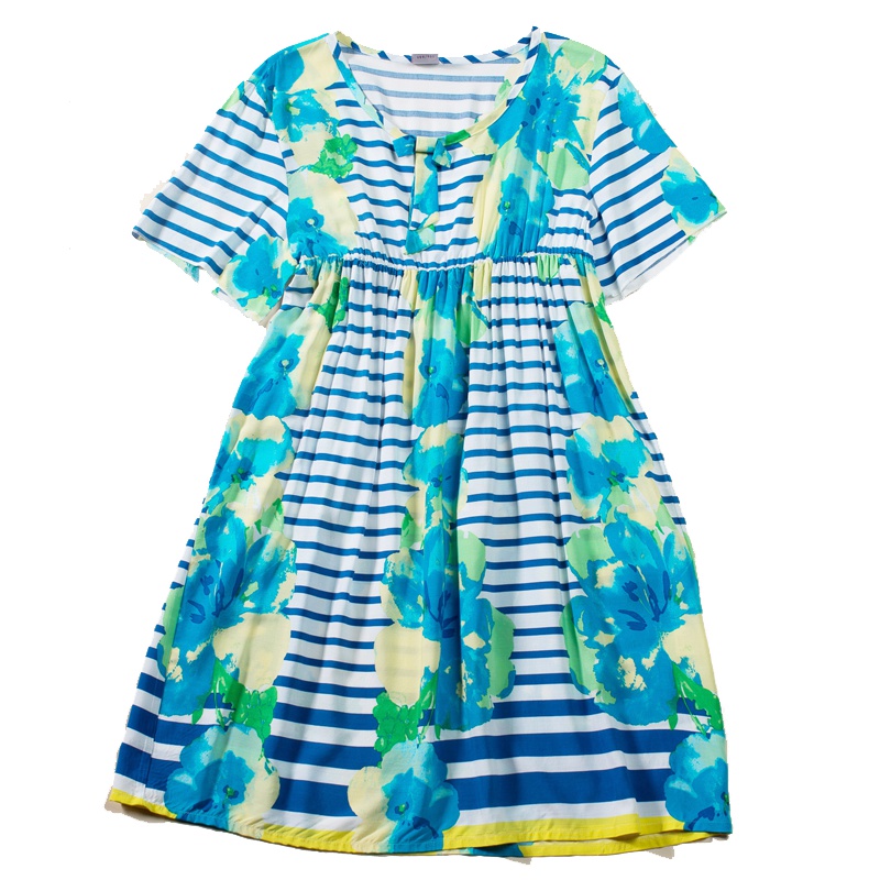 雪仙丽家居服睡衣女秋季棉质印花短袖睡裙薄款女士秋天家居服宽松