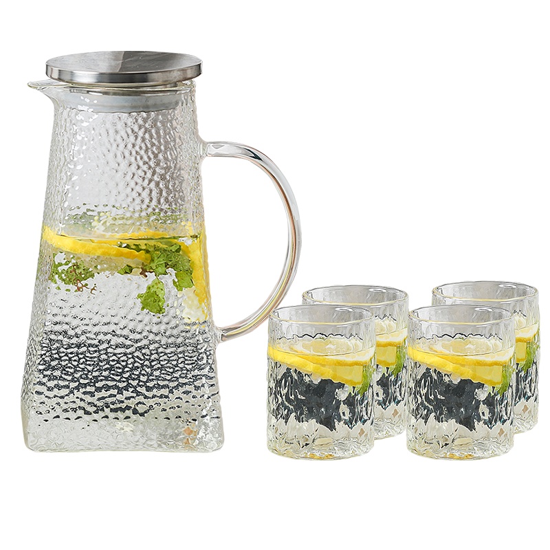 麦可可 家用冷水壶耐高温耐热防爆日式锤纹玻璃水壶凉开水壶凉水杯子套装 1.5L一壶4杯
