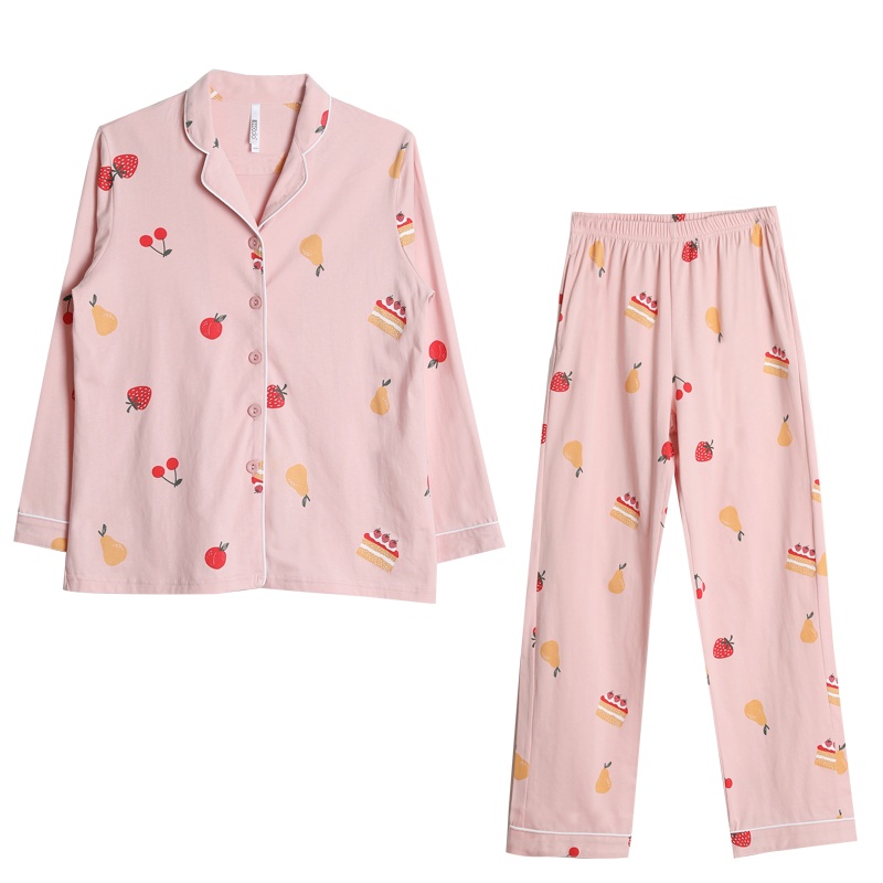 红豆居家21年春夏新款女士全棉睡衣女式水果蛋糕印花甜美休闲风长袖家居服套装可外穿