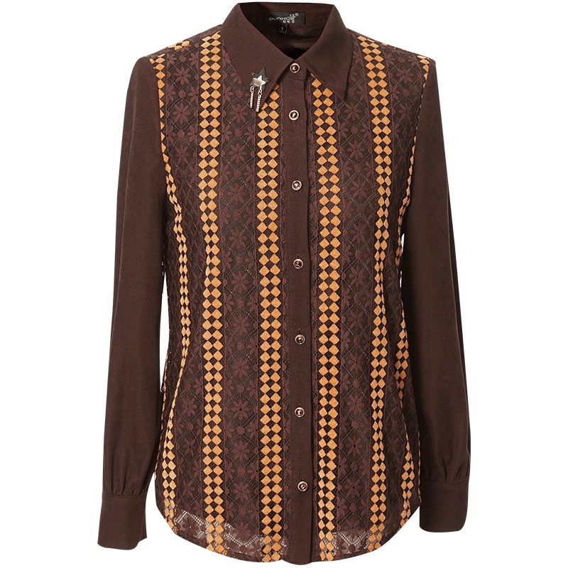 OUNIXUE欧昵雪 | [气质翻领镂空蕾丝衫]秋冬季通勤直筒上衣肌理感女士衬衫