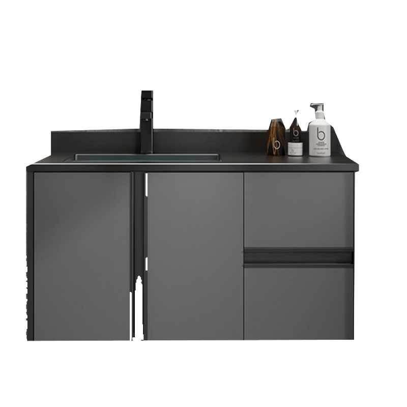 落地式轻奢岩板浴室柜组合镜柜套装它墅洗手洗脸盆卫生间洗漱台盆一体_落地1.0米铁艺方镜岩板陶瓷盆