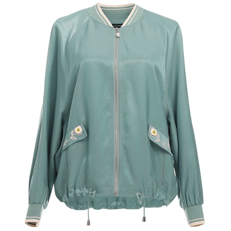 欧昵雪V领绣花假口袋前短后长外套女宽松长袖棒球服