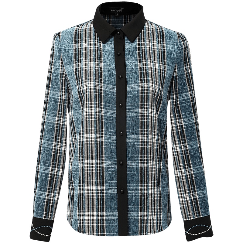 OUNIXUE欧昵雪 | 秋冬季修身显瘦打底衫上衣优雅气质翻领休闲格纹长袖女式衬衫