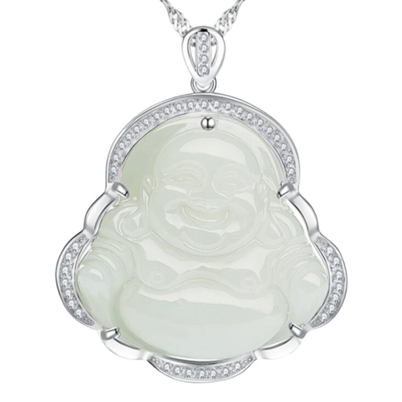 帛兰梓韵 天然和田白玉吊坠925银玉石笑佛吊坠时尚女款纯银白玉笑佛挂件