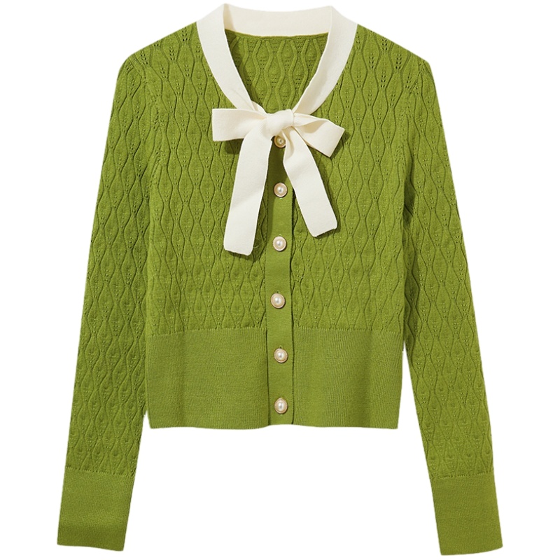 伊布都ibudu2020秋季新款系带V领短款直筒扭花长袖针织衫毛衫女