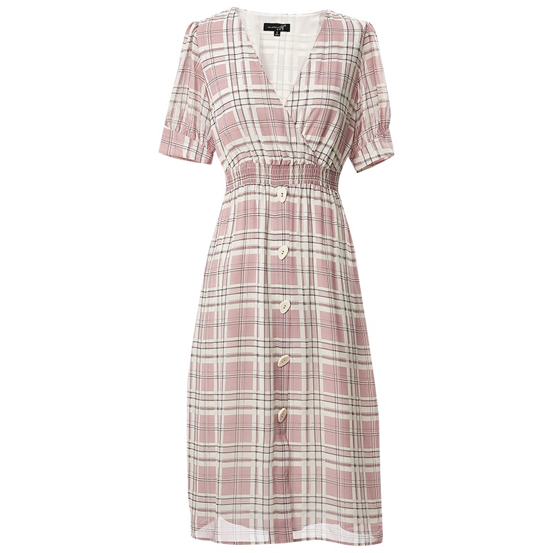 欧昵雪夏季气质V领收腰印花格子雪纺连衣裙女显瘦a字裙