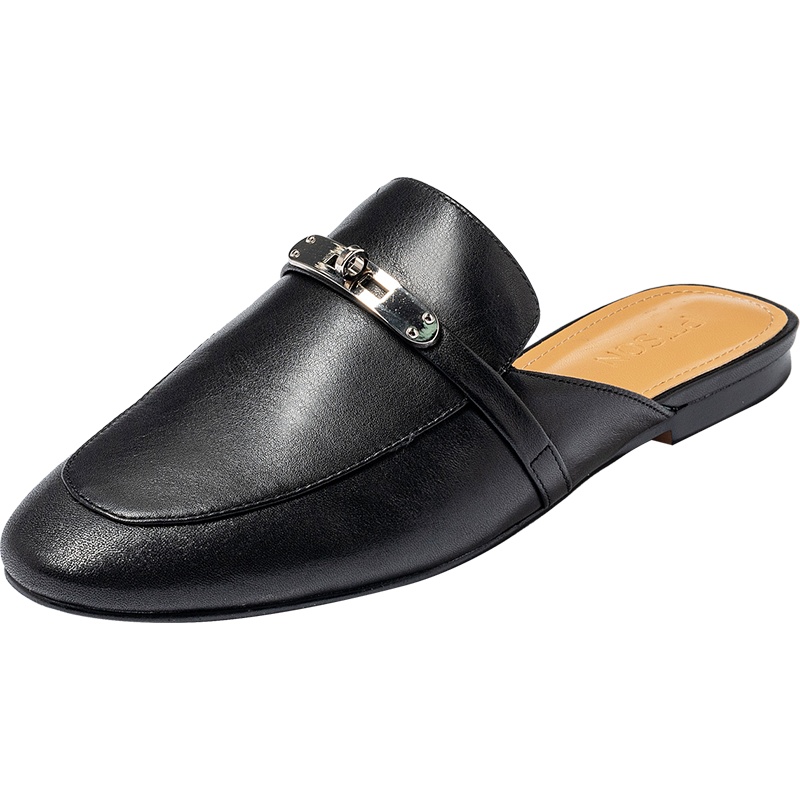 百田森夏季新款包头半拖鞋穆勒鞋真皮英伦风拖鞋女平底一脚蹬