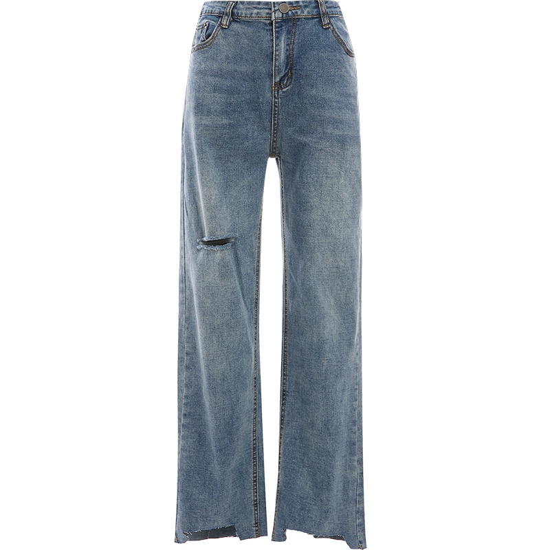 欧昵雪复古高腰破洞牛仔裤女显瘦不规则九分微喇叭裤