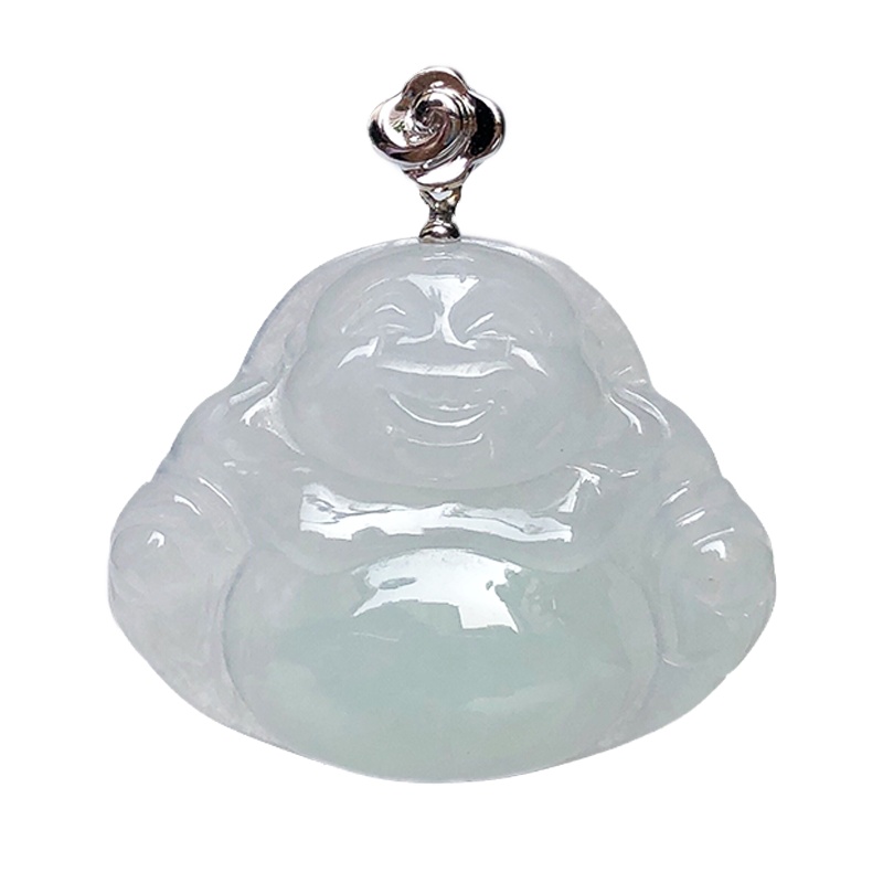 缘源珠宝 天然高档笑佛玉坠缅甸A货冰糯细腻有底色18K金翡翠吊坠 附送证书