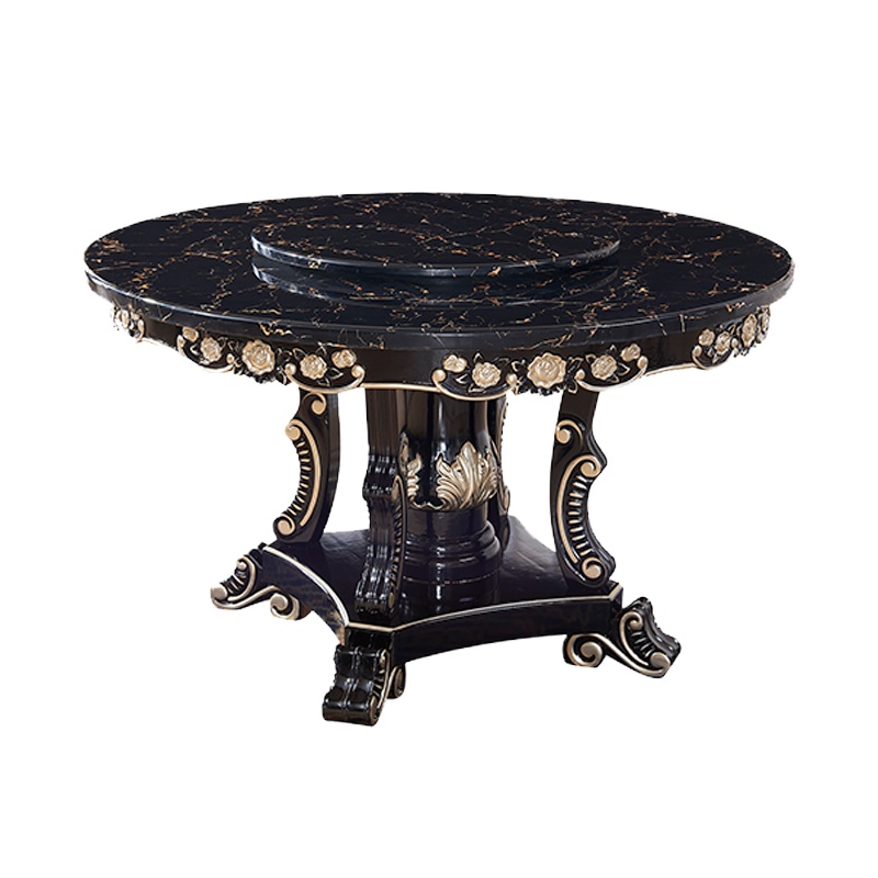 米括(MIKUO)欧式餐桌大理石全实木带转盘新古典黑檀色轻奢别墅圆餐桌