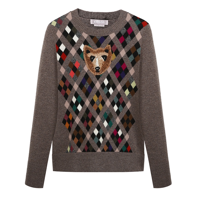 鄂尔多斯ERDOS 秋冬纯山羊绒圆领装饰提花厚款女式羊绒衫