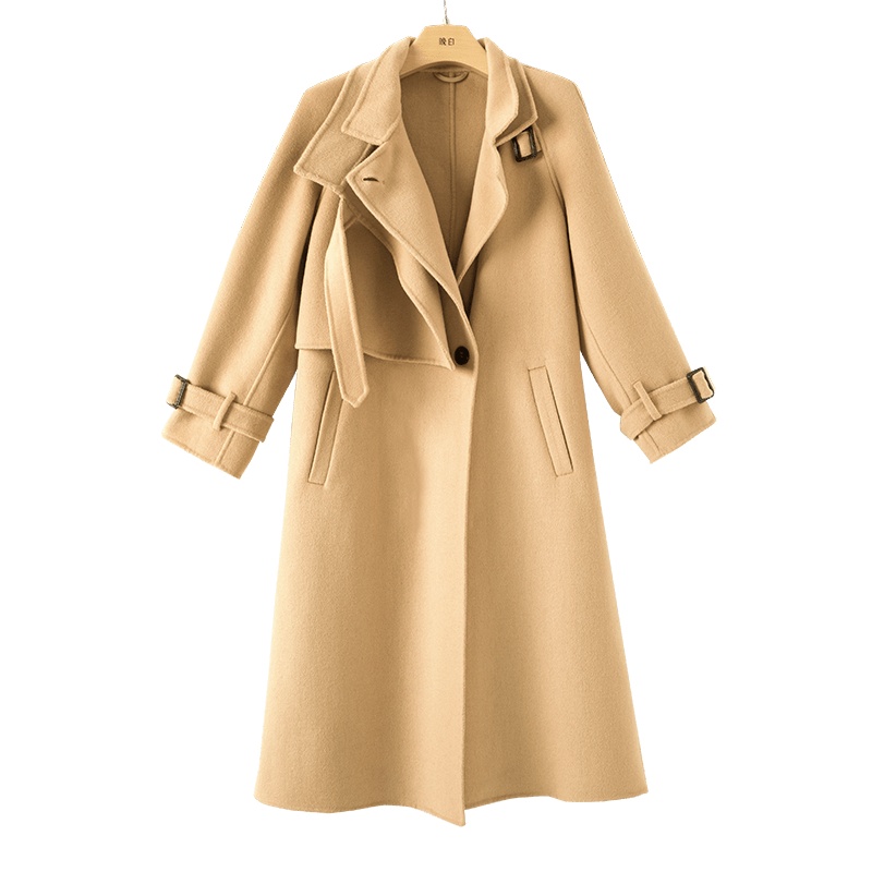 晚白2020冬季新品立领长袖通勤纯色百搭中长款双面羊毛大衣外套女