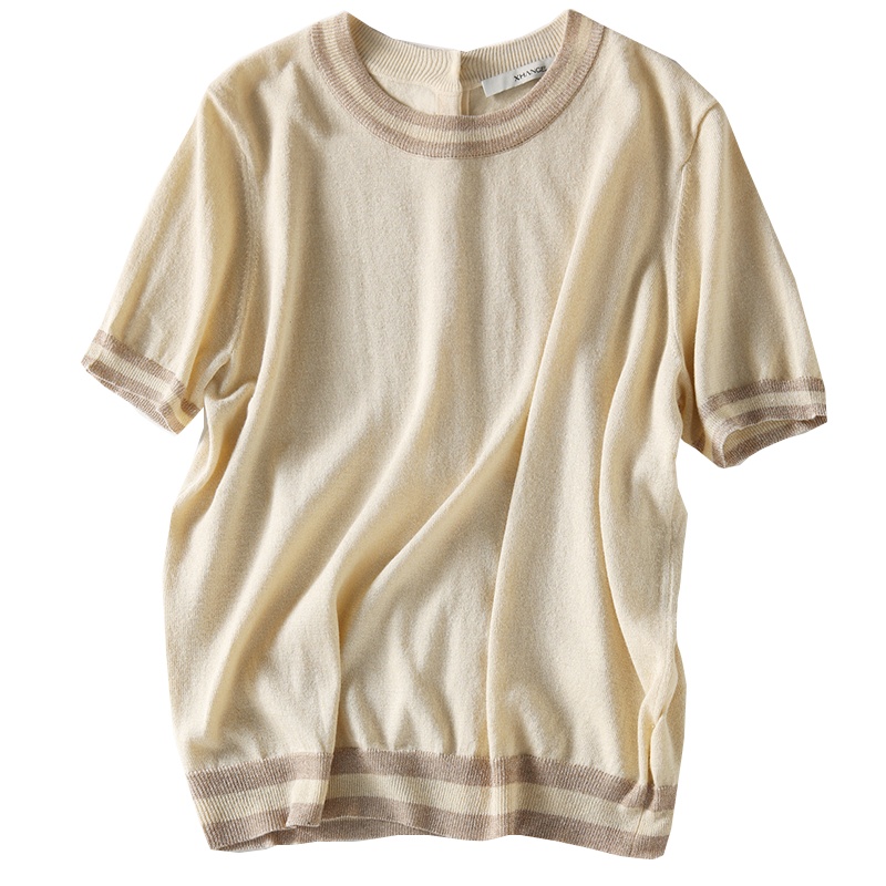 雪米贝奴 圆领撞色后背系扣亮丝短袖针织衫