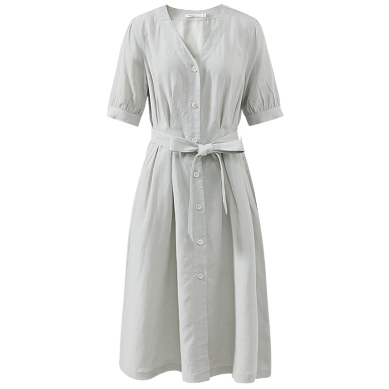 MECITY女装20夏新亲肤亚麻赫本风复古减龄V领系带连衣裙衬衫裙