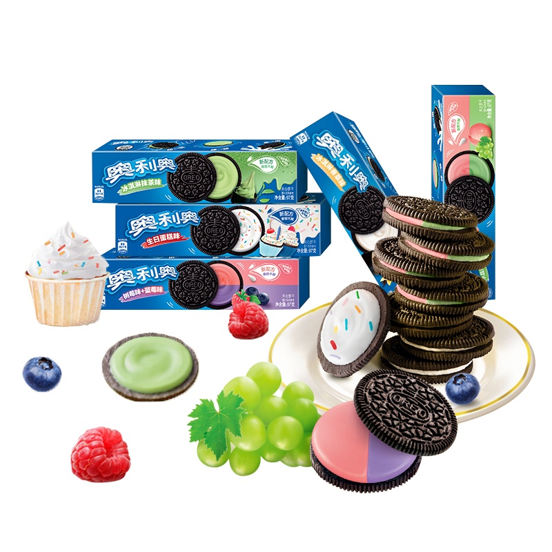 亿滋 奥利奥夹心97g*6(香草+抹茶+白桃乌龙+生日蛋糕+葡萄水蜜桃+蓝莓树莓)多口味组合,儿童休闲零食饼干