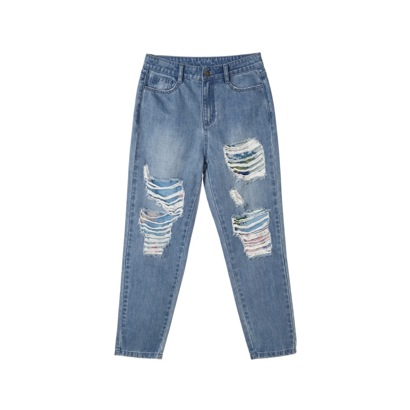 裂帛直筒破洞牛仔裤新款春装收腰显瘦个性韩版宽松小脚长裤