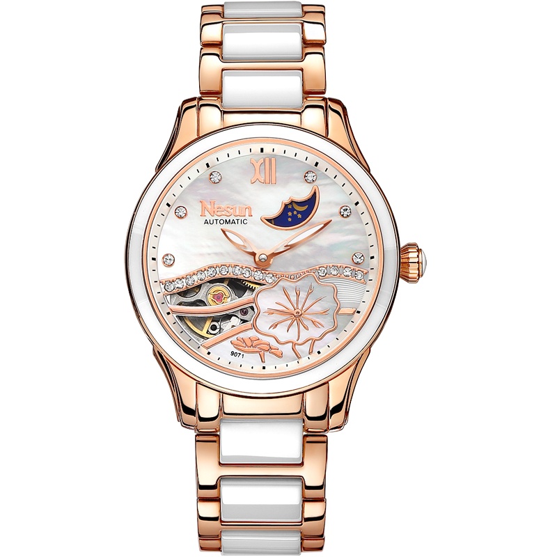 正品尼尚(Nesun)新款手表女士全自动机械表 女时尚潮流韩版陶瓷女表 镂空飞轮女式表 机械女士表LS-9071