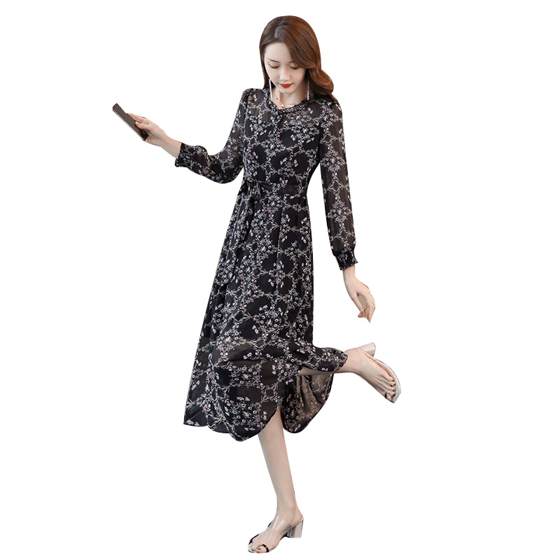 丝柏舍2020春女圆领印花长袖系带收腰中长款连衣裙S91R0006L