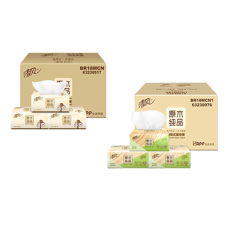 清风 抽纸 原木纯品系列 2层200抽24包 餐巾纸 面巾纸 单箱装
