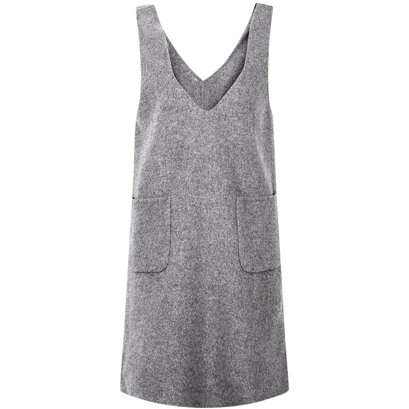 拉夏贝尔春季新款连衣裙女款韩版纯色V领无袖直筒显瘦短款连衣裙女10013107