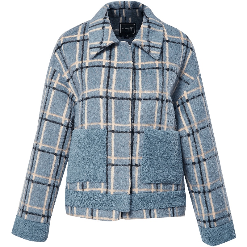 欧昵雪秋冬绒毛拼接长袖暗扣保暖格子短款毛呢外套女