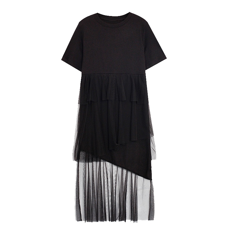 2019春夏装新款连衣裙女韩版宽松短袖拼接纱不规则蛋糕裙