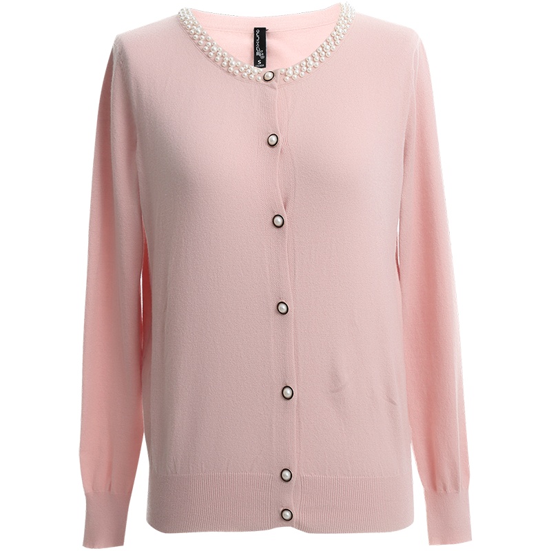 OUNIXUE欧昵雪 | [混纺毛织开衫]淑女圆领钉珠罗纹拼接修身针织衫外套女