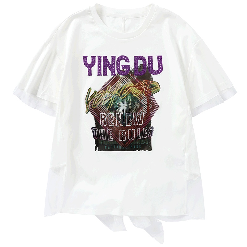 马克华菲女装2020年夏新款少女感上衣白色t恤女短款网纱拼接小衫