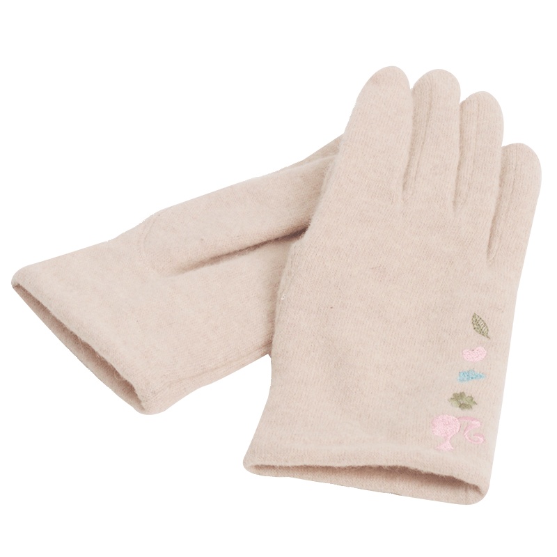 乐为触屏手套女士秋天冬季加绒加厚羊毛全指保暖触屏手套刺绣韩版 B17FD152